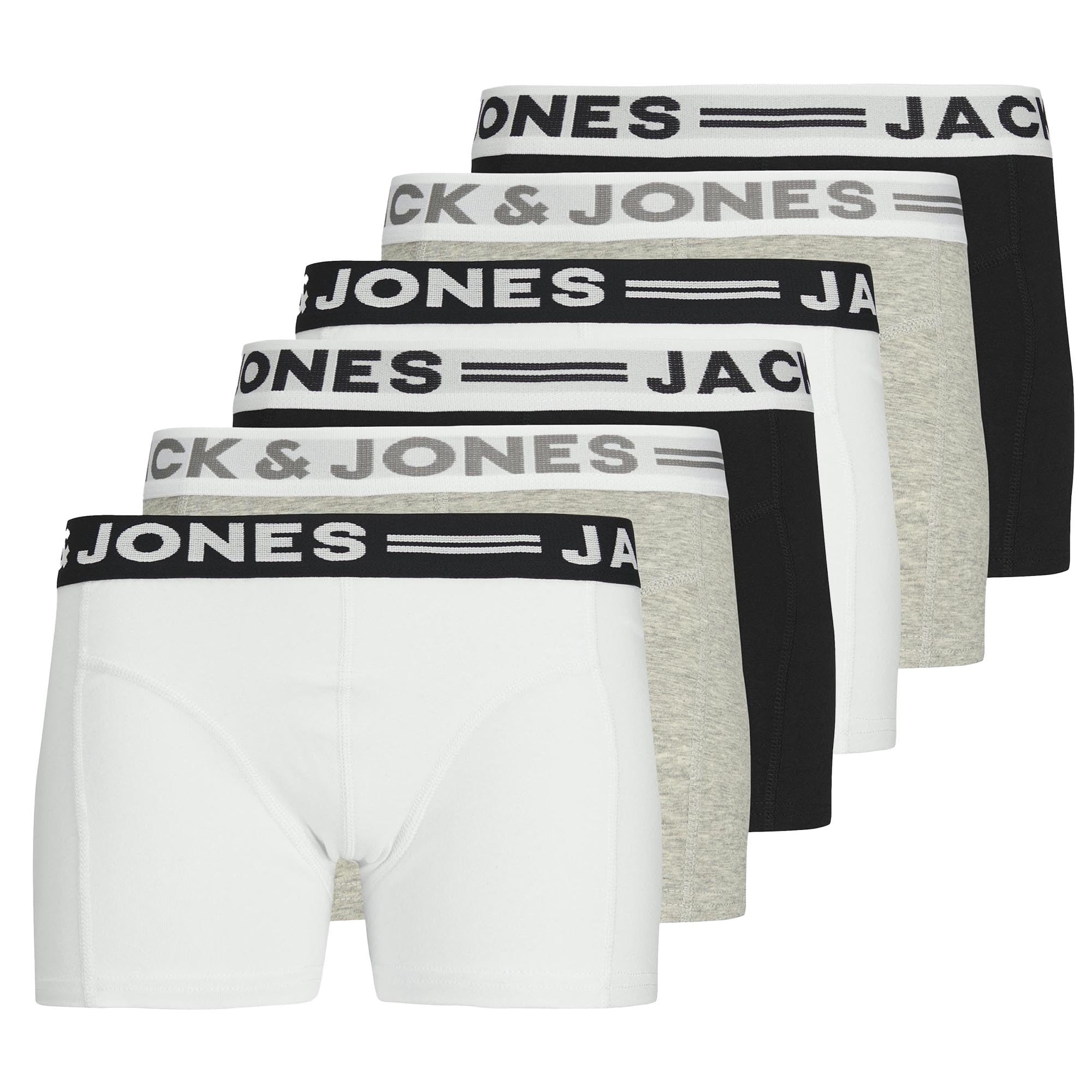Jack & Jones Boys Black/White/Grey ' Boxer Shorts, Pack Of 6 - Sense Trunks, Cotton Stretch, Logo Waistband, 152
