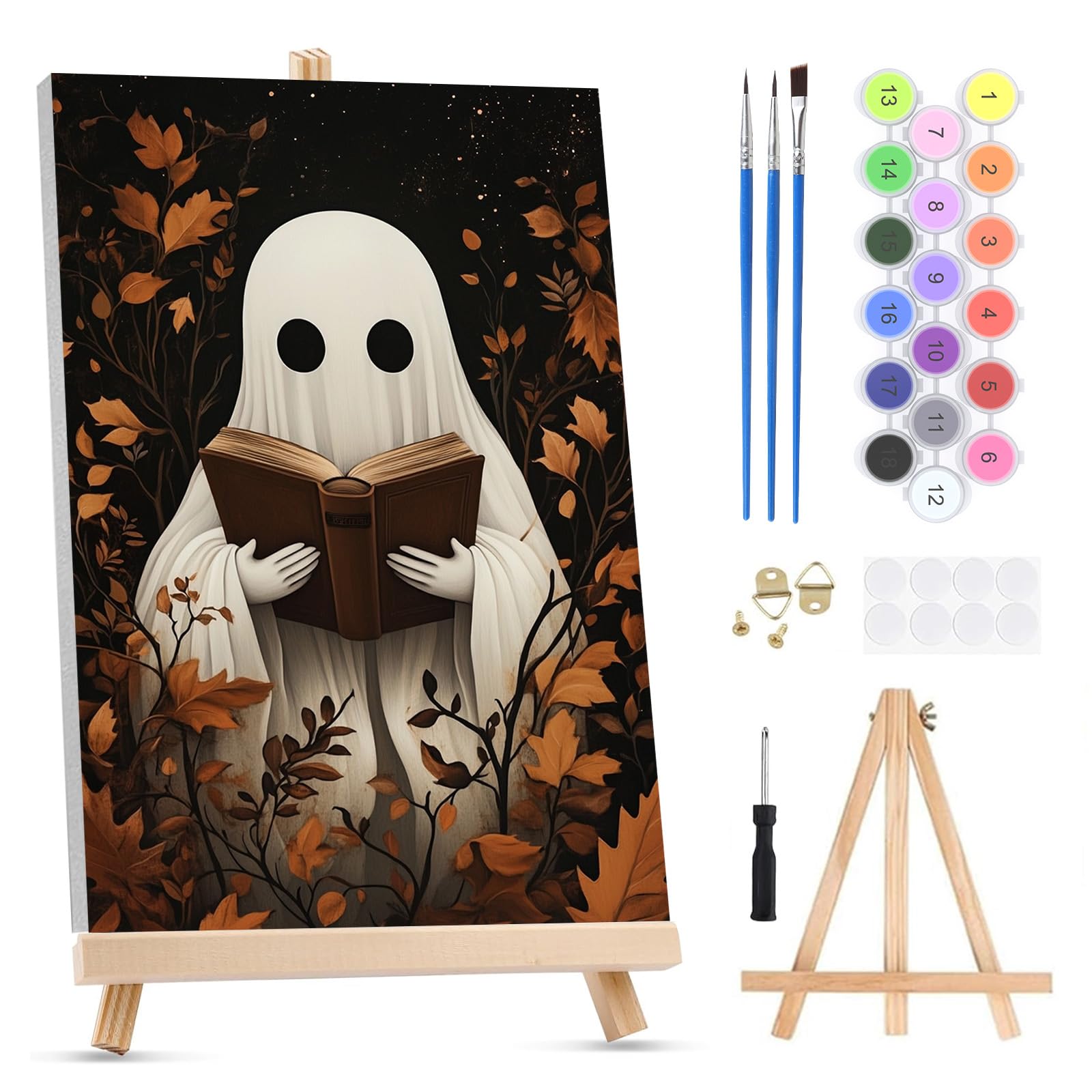 QENSPE Paint by Numbers for Adults on Framed Canvas - with Wooden Easel, Ghost Painting by Number Kit for Beginners, DIY Halloween Acrylic Oil Painting for Home Wall Decor 8x12 Inch