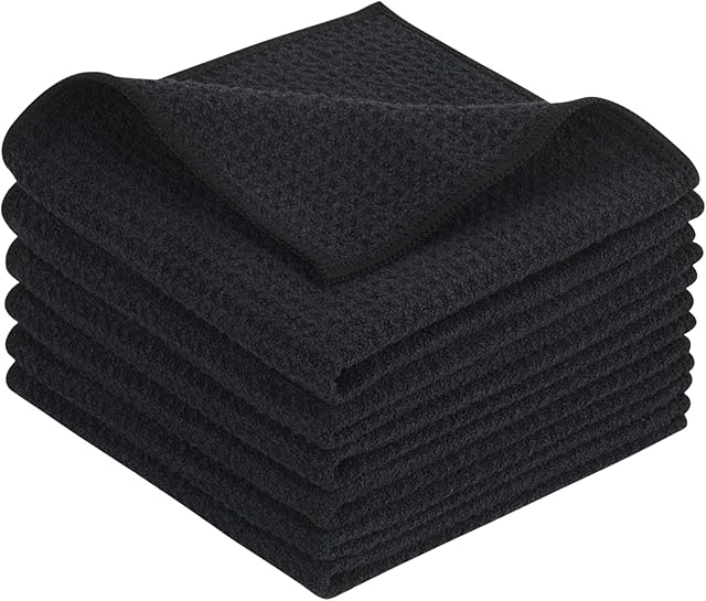 KinHwa 6 Pack Dish Cloths for Washing Up Microfibre Waffle Dish Drying Cloth Super Absorbent Washable Kitchen Tea Towels 30 x 30 cm Balck