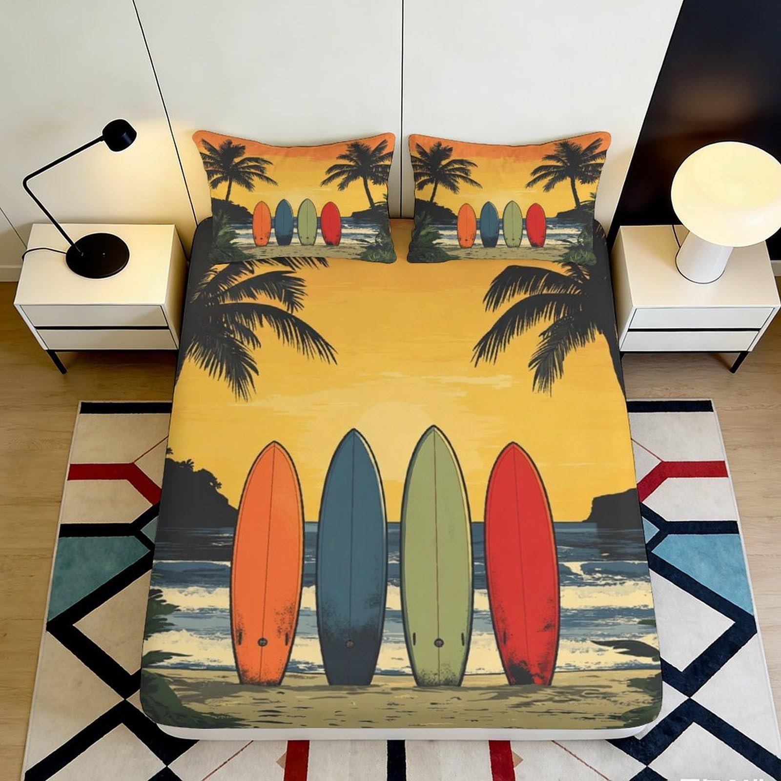 3D Printed Sunset Beach Surfboard Fitted Sheet Microfiber Soft Palm Tree Mattress Cover Bedroom Decor 120x200cm 160x200x25cm