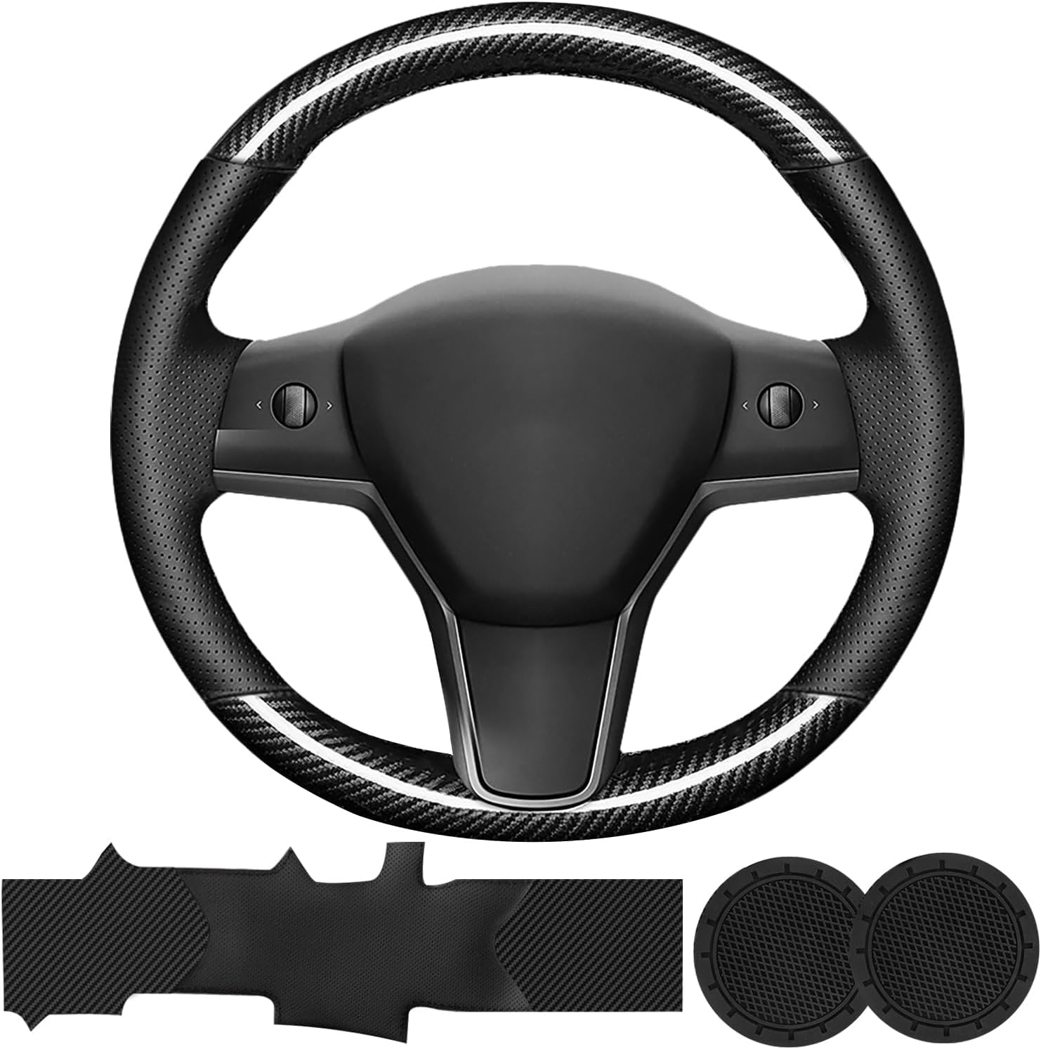 Hand Sewn Microfiber Leather Steering Wheel Cover, Stitch Steering Wheel Wrap Set for Original Tesla Model 3 2017-2023/Model Y 2020-2023 Juniper/Highland Accessories (B Carbon Fiber)