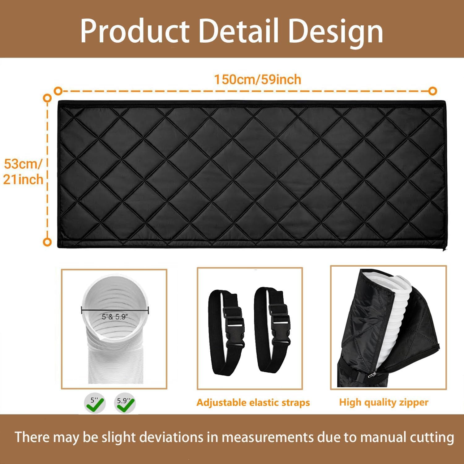 Portable Air Conditioner Hose Cover Wrap, Zipper AC Hose Duct Vent Cover, Sleeve Insulated Cover with 2 Adjustable Buckle Straps,Universal Fit 5''-5.9" Diameter Exhaust Hoses Tube Duct Vent (Black)