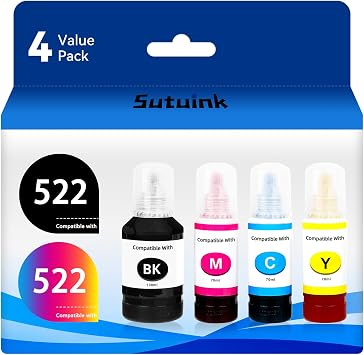 Ink Refill Bottles Replacement for Epson 522 Refil Ink Compatible with EcoTank ET-2800 ET-2400 ET-4800 ET-2720 ET-2803 ET-2840 ET-4810 ET-4700 Printer Black, Cyan, Magenta, Yellow