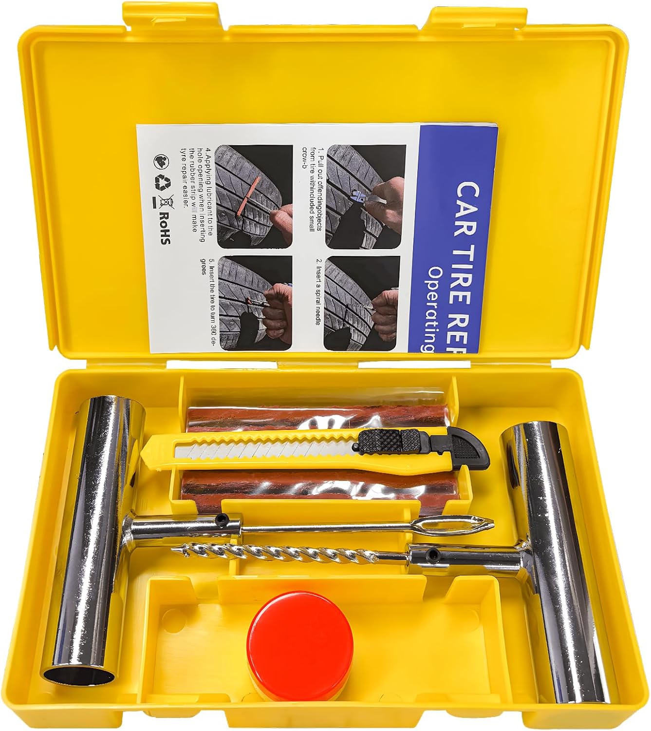 15 PCS Tire Repair Kit, Heavy Duty Emergency Flat Tire Puncture Repair Tools with Plugs, Professional T-Handle Tools Tyre Plug Set with Box for Car Motorcycle ATV Tractor
