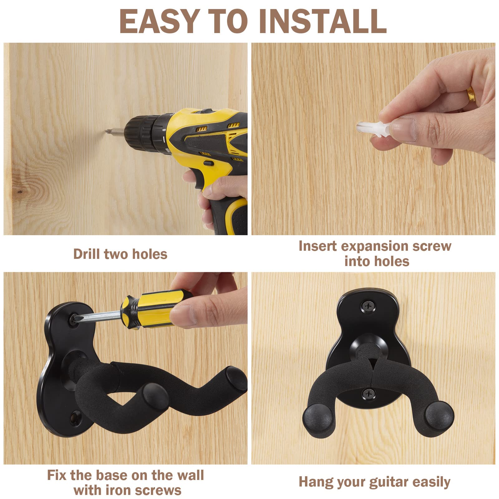 Ganci Da Muro Per Chitarra - 2 Pezzi Neri Con Protezione Antiscivolo | Supporto Per Chitarra, Ukulele, Basso - Foto 11