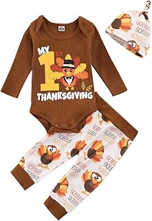 Infant Baby Boys Thanksgiving Outfits My First Thanksgiving Romper Turkey Long Pants Hat 3Pcs Clothes Set