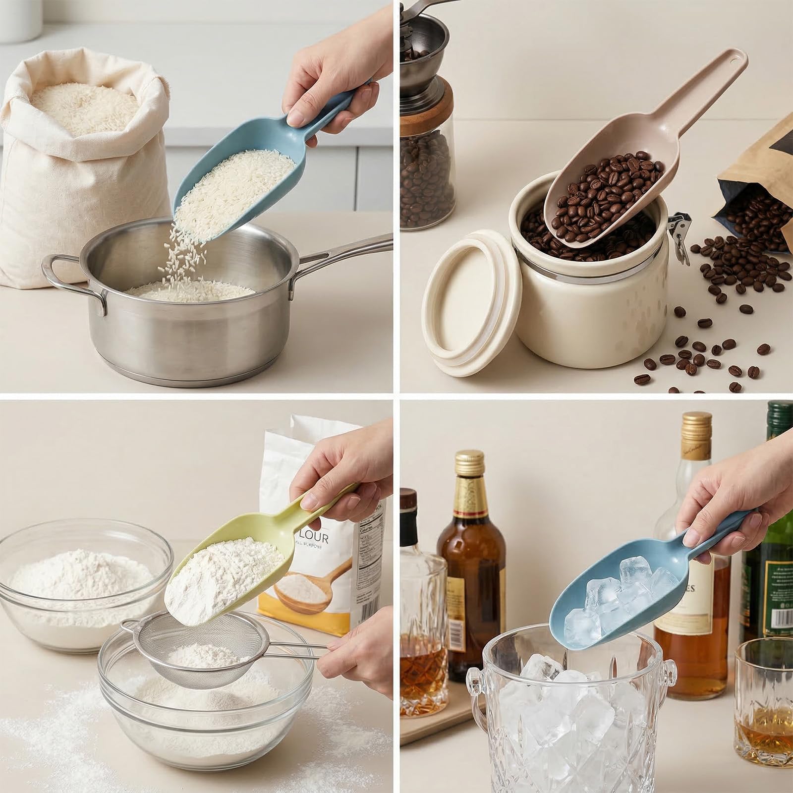 4 Stück Kunststoff Eisschaufel, 4 Größen Mehlschaufel Popcornschaufel Abwiegeschaufel Lebensmittelschaufel für Küchen Bars Buffets Partys, 50/100/150/250ml