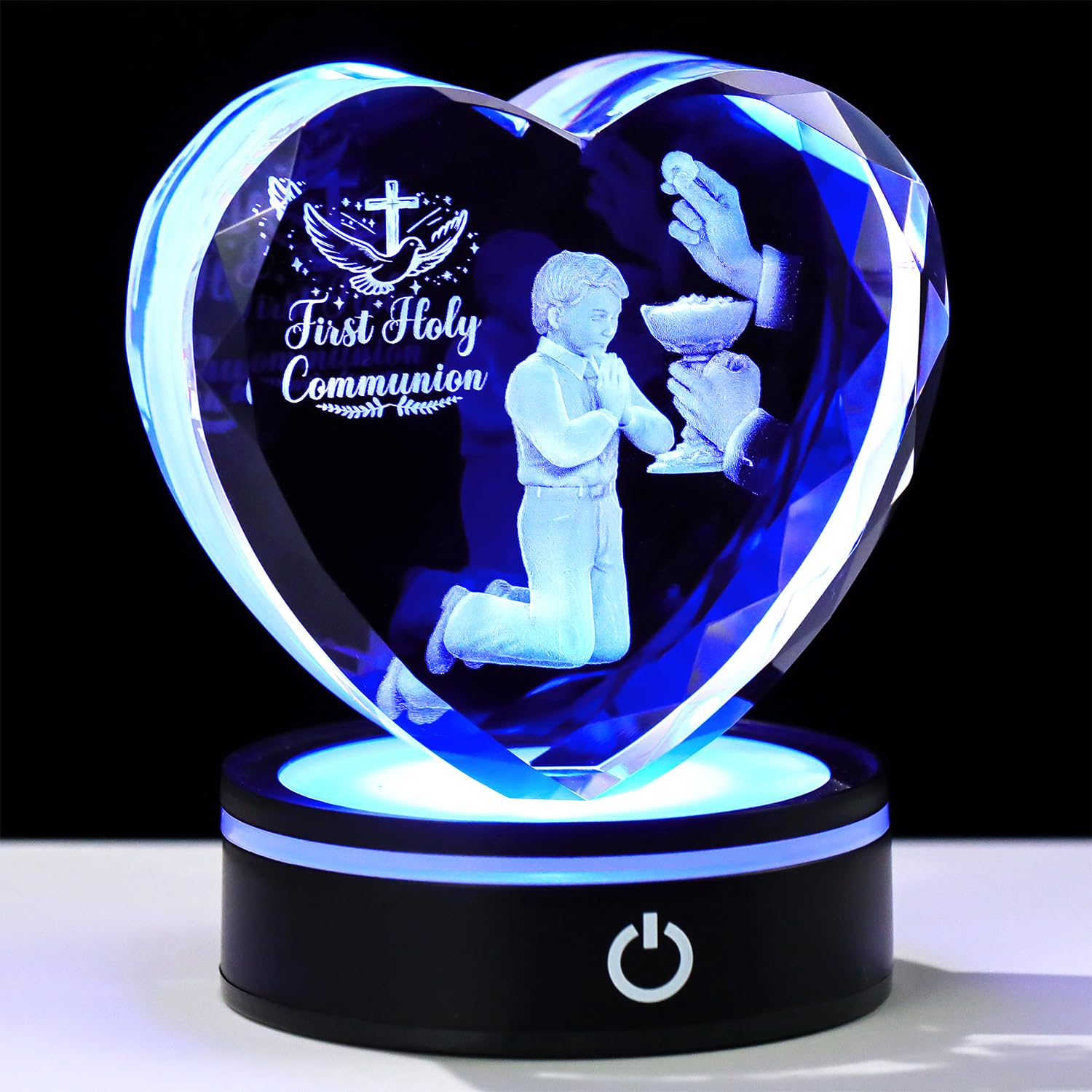 Arikyrist 3D Crystal First Holy Communion Gifts for Boys Him Crystal Heart Laser Engraving Communion Baptism Statue for Son with LED Light Base Glass Religious Catholic Christian Decor