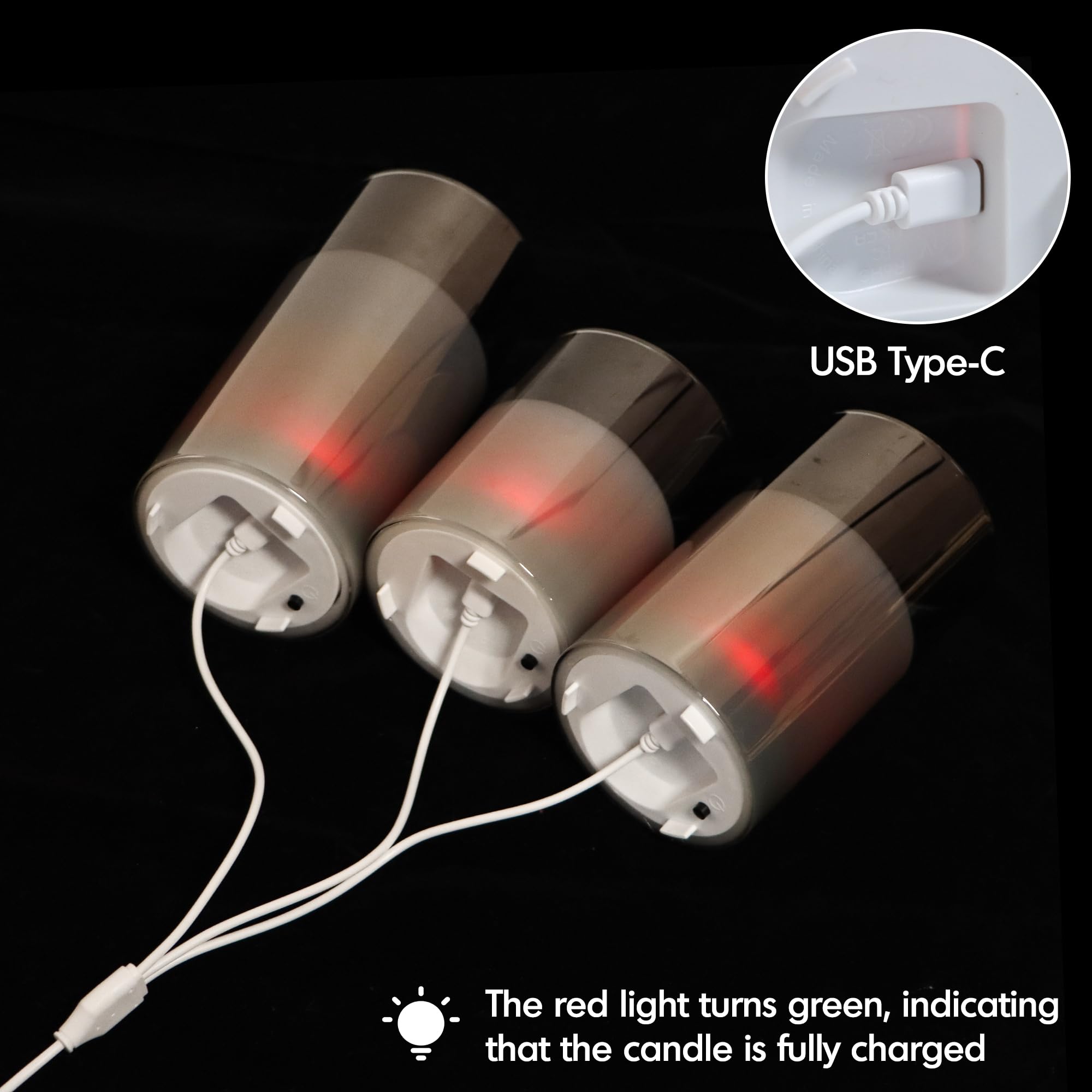 FREEPOWER Set di 3 candele a LED in vetro grigio con telecomando e timer, luce bianca calda tremolante, ricaricabili tramite cavo USB, senza fiamma, cera vera, Ø 7,5 x 10/12,5/15 cm