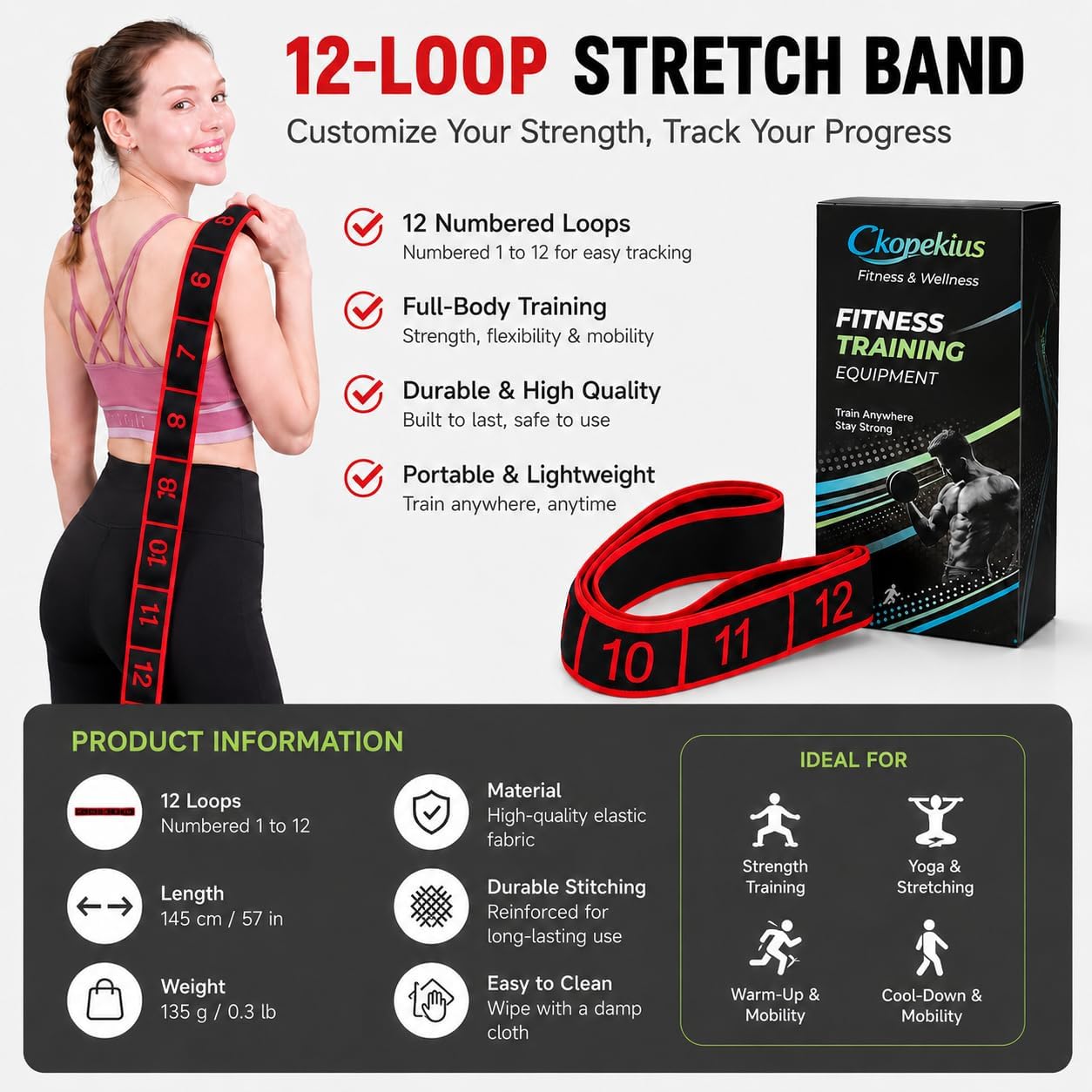Resistance Exercise Bands, 12-Loop Stretch Strap for Yoga, Leg Exercise, Lower Back Stretch, Stretching, Gym and Home Workout