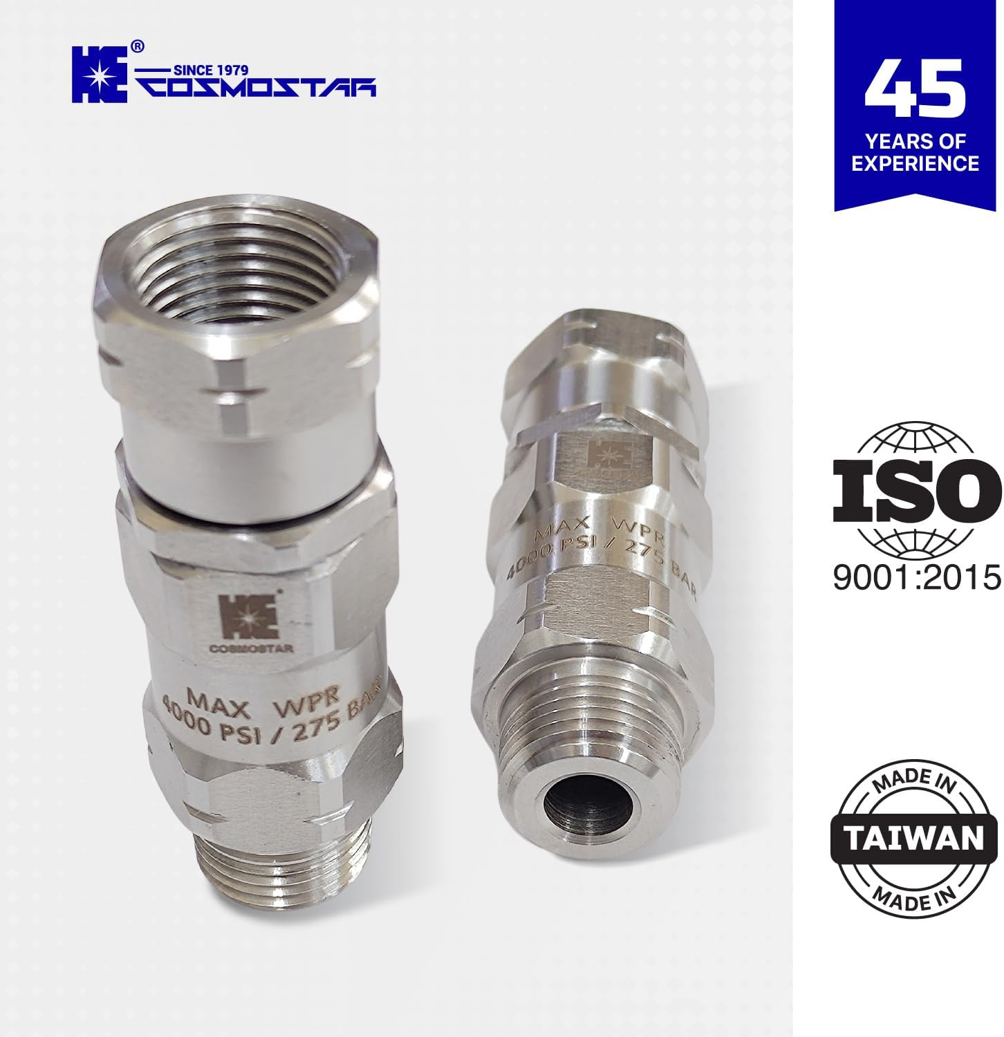 Cosmostar Stainless Steel 3/8" NPT-M 360° Pressure Washer Swivel – Enhanced Leak-Proof High-Flow Design and 4000 PSI – Not for M22 Threads