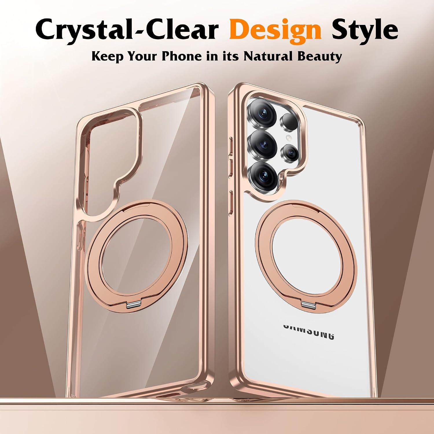 Compatible with Clear Samsung Galaxy S25 Ultra Case with 360° Invisible Magnetic Ring Stand [Compatible with Mag-Safe] Shockproof Plating Phone Case for S25 Ultra 6.9",Desert Gold