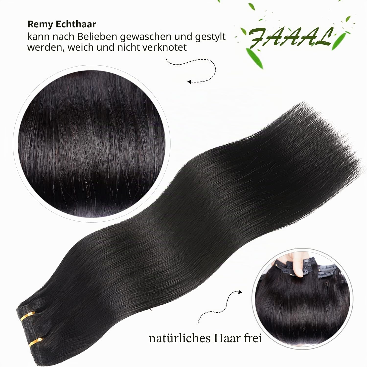 Clip-in-Echthaar-Haarverlängerung, voller Kopf, 10 Stück, 22 Clips, 200 g, Nr. 1 Jet Black (Tiefschwarz), doppelt genähte Tressen, brasilianisches Remy-Echthaar, dick, glatt, seidig, 56 cm