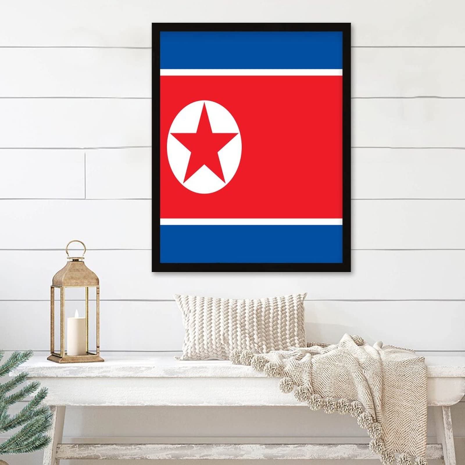 Cadre drapeau de la Corée du Nord en bois vintage pour habiller les murs du salon ou bureau
