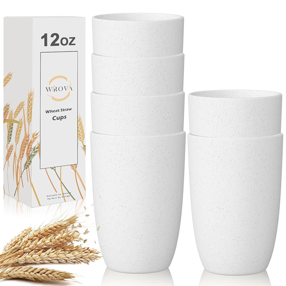 Wrova Wheat Straw Cups Set of 6 Good Alternative to Plastic Cups Reusable 12 oz Unbreakable Drinking Cup Reusable Dishwasher Safe Water Plastic Kitchen Glasses - White