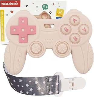 BIGSPINACH Cool Remote Game Control Teething Toy for Babies 0-6 6-12 Months,Game Controller Teether for Gamer Parents,Baby's First Valentines Day Gifts,Silicone Remote Chew Toys(Pink)