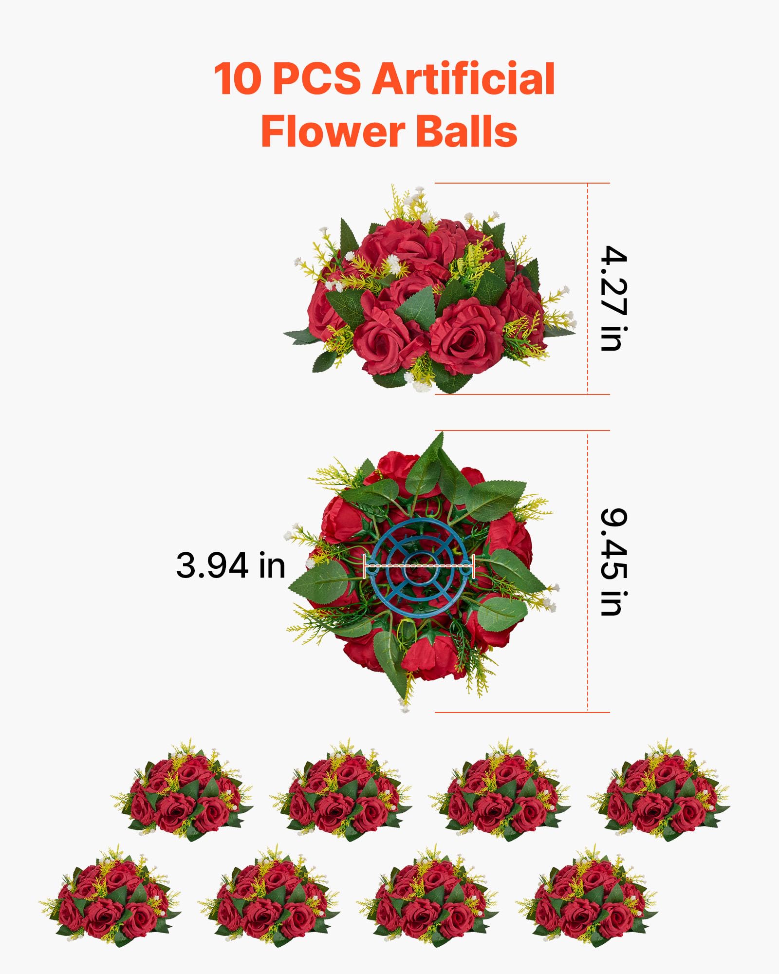 VEVOR Bouquet di Fiori Artificiali, 10 Pezzi, Diametro 24 cm, Centrotavola di Rose per Matrimonio, Composizioni Floreali Finte per Cerimonie, Ricevimenti, Decorazioni per Esterni, Rossa