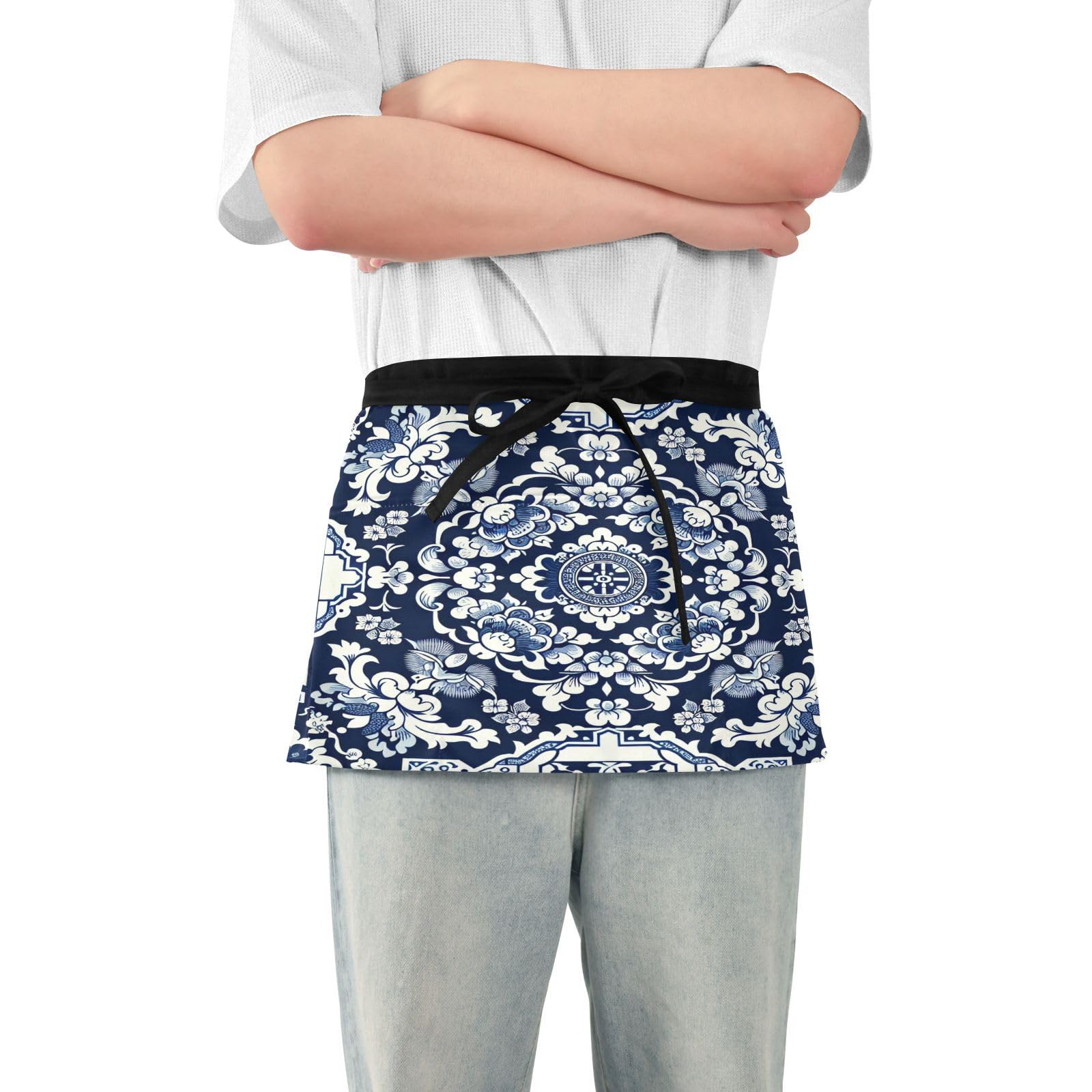 Kigai Porcelain Texture Server Aprons for Men Women Water & Oil Resistant Waitress Waiter Waist Apron with 3 Pockets