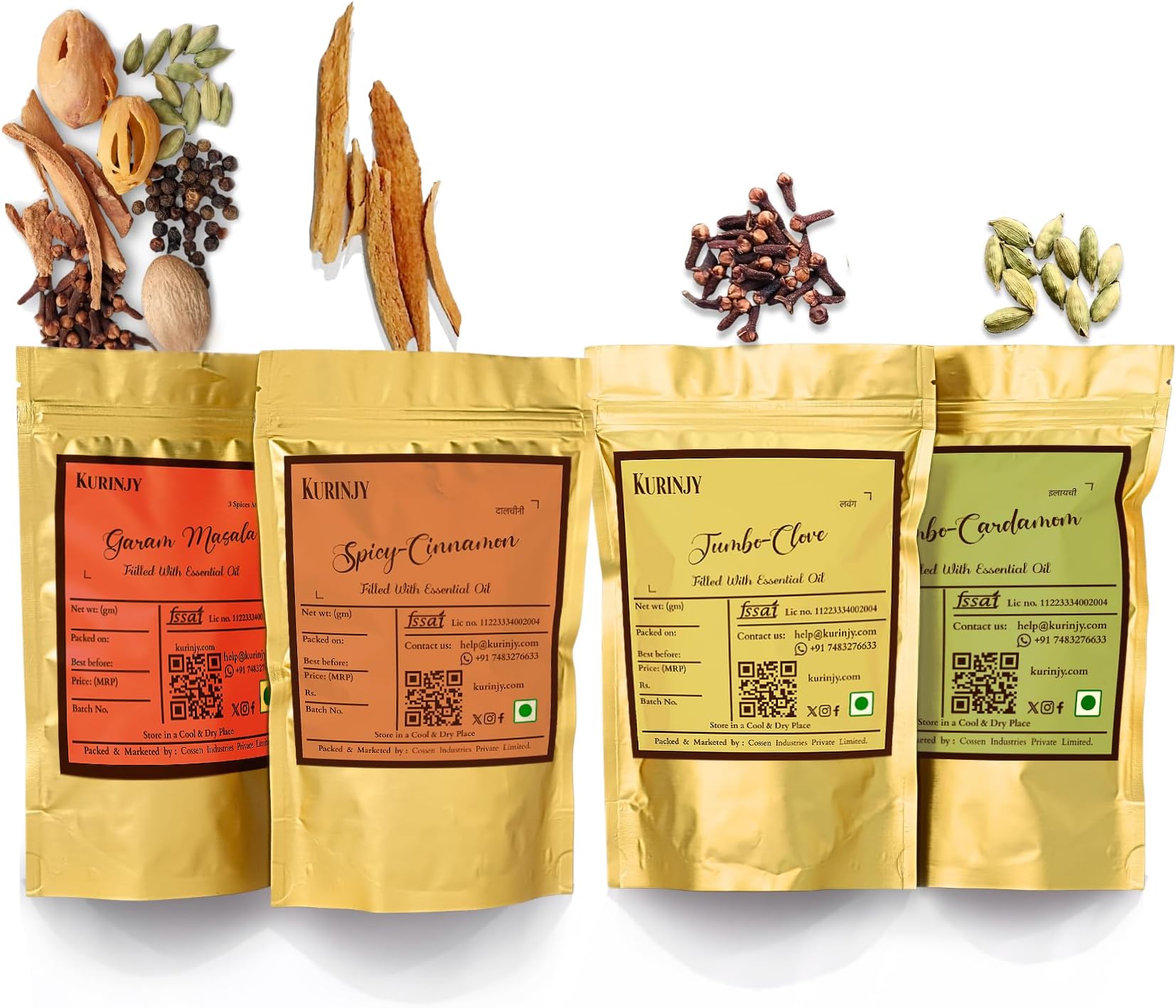 Kurinjy Kitchen King Whole Spices Combo| 4 Pack Saver Combo (190g)| Whole Garam Masala Mix, Whole Cardamom, Cinnamon & Clove | Pure Kerala Spices, Aromatic & Natural-Oil Rich | Must for every Kitchen