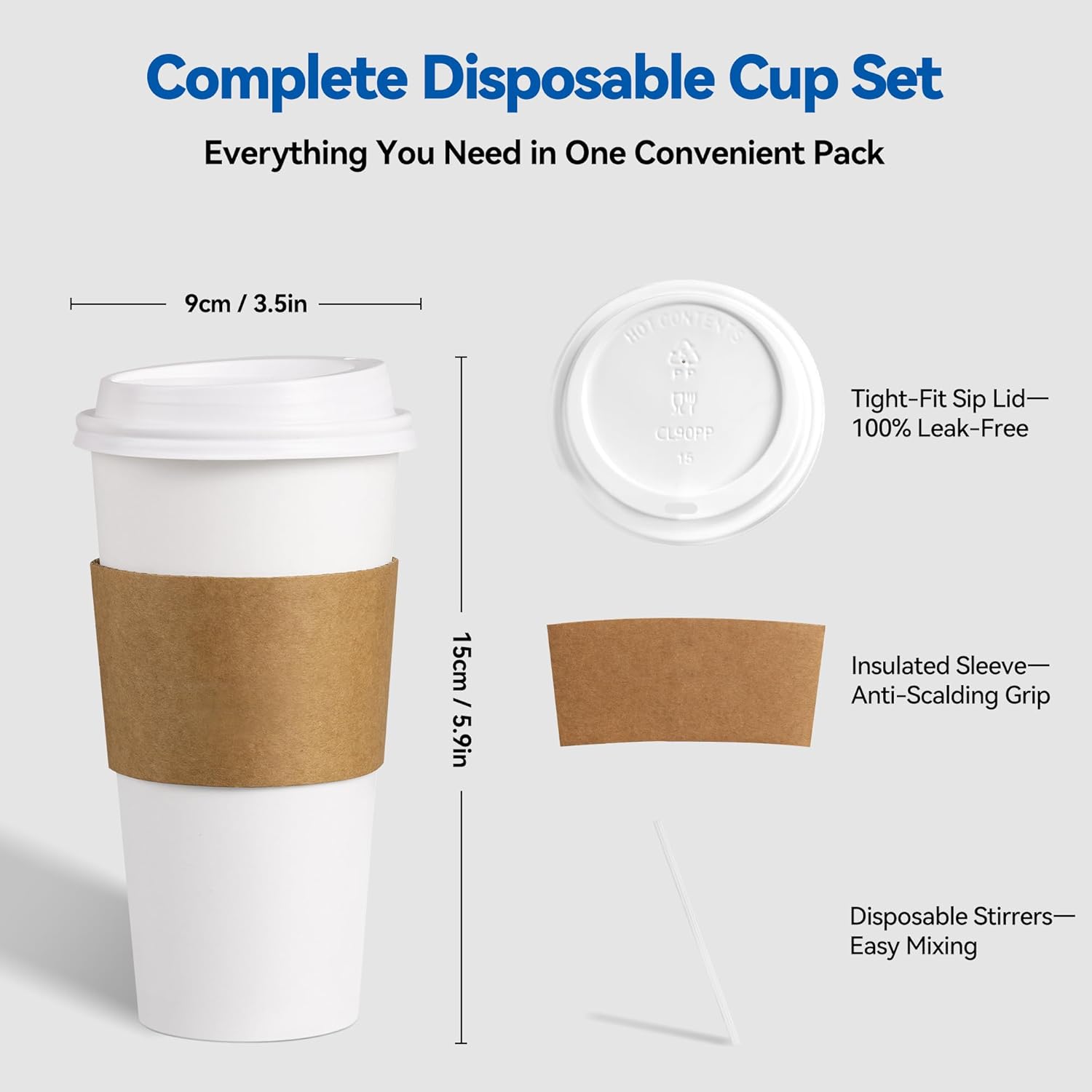 16 oz Coffee Cups Disposable Paper Cup with Sip Lids, Sleeves, and Stirrers, 100 Pack Hot/Cold Beverage Drinking Cups for To-Go, Office, Bistros & Cafes