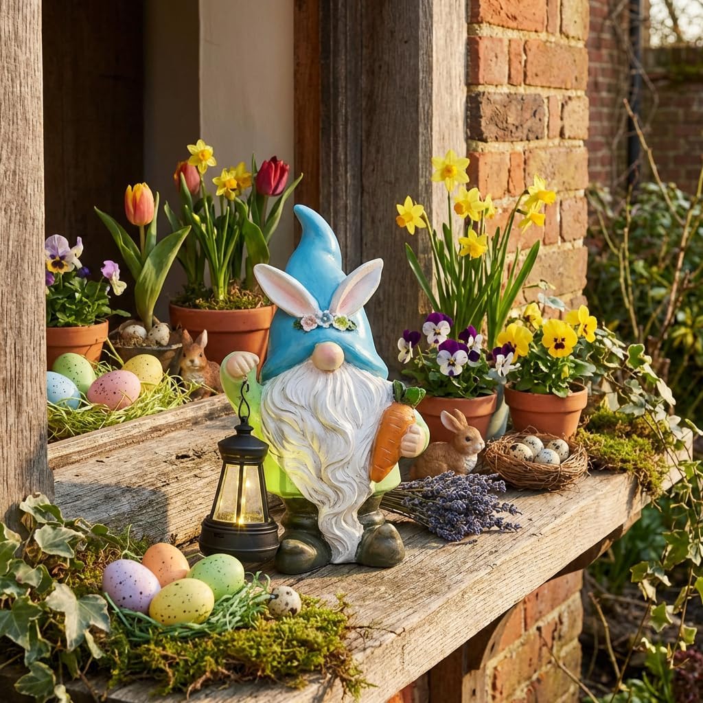 TERESA'S COLLECTIONS Easter Bunny Gnome Decorations with Solar Outdoor Light for Garden Decor, Spring Resin for Outside, Decorations for Patio Home Yard, Ideal Easter Gifts 8"