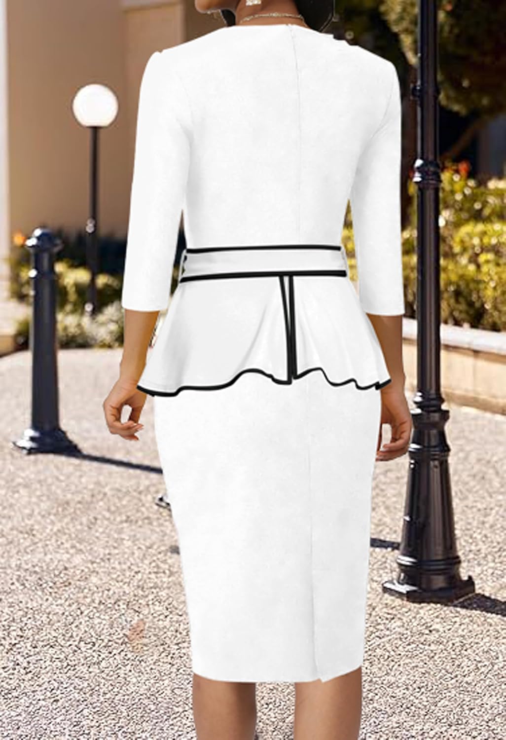 Women's Vintage Church Bodycon Pleated Crew Neck Work Midi Pencil Dress - Image 4