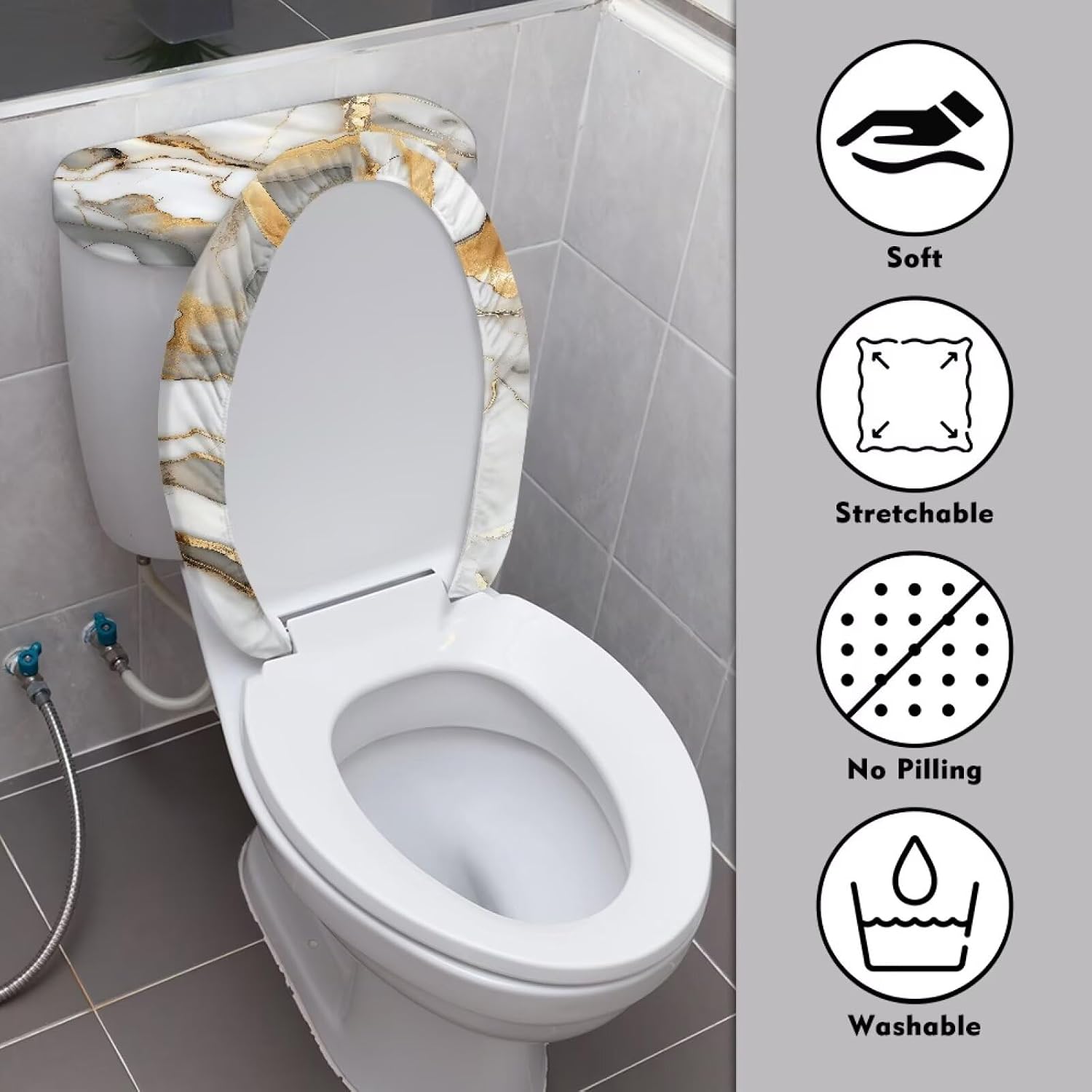White Golden Marble Toilet Lid Cover Dustproof Decorative Anti-dust Decorative Toilet Seat Cover Paw Protector Machine Washable,Fits Most Toilet Lids Standard Size Home Decor image 3