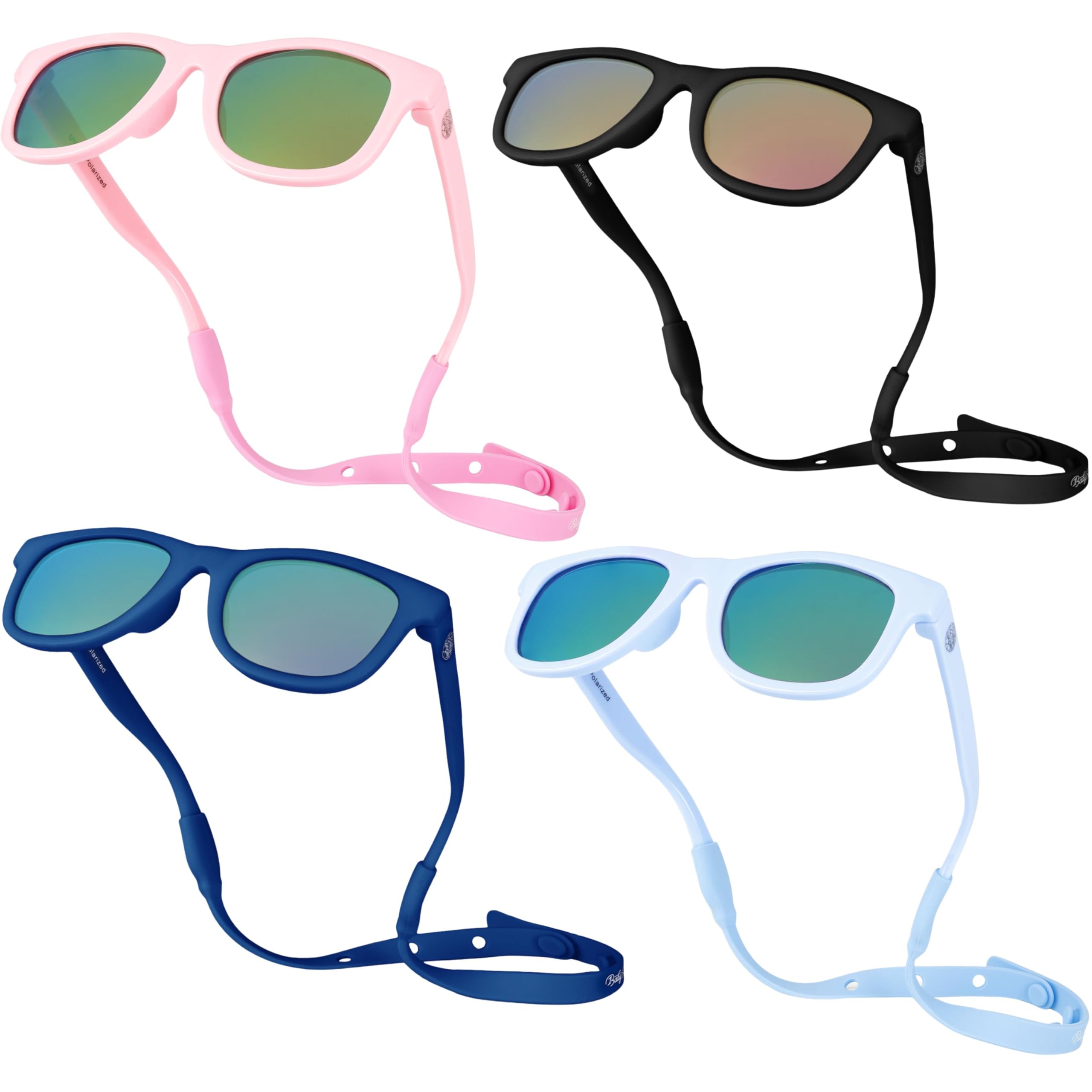 BABY SUNNIES Polarized Baby Sunglasses with Strap - 4 Pairs - Sky Blue, Navy Blue, Black & Barbie Pink - Unbreakable Flexible Infant Sunglasses - Toddlers Newborns 0-24 Months - Baby Travel Essential