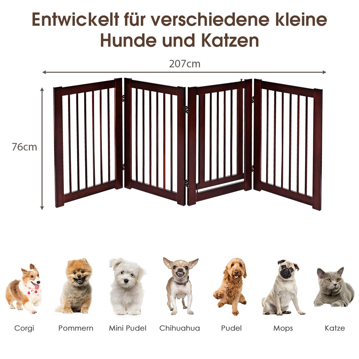 COSTWAY Kratka ochronna dla psów, drewniana kratka ochronna z bramą, składana kratka schodowa, elastyczna kratka ochronna na drzwi (4 szt.)