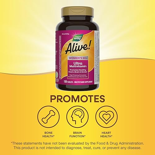 Miniatura 3 de Nature's Way ¡Alive! Multivitamínico completo 50+ Ultra Potency para mujer, fórmula de alta potencia, promueve la salud del corazón, el cerebro, los