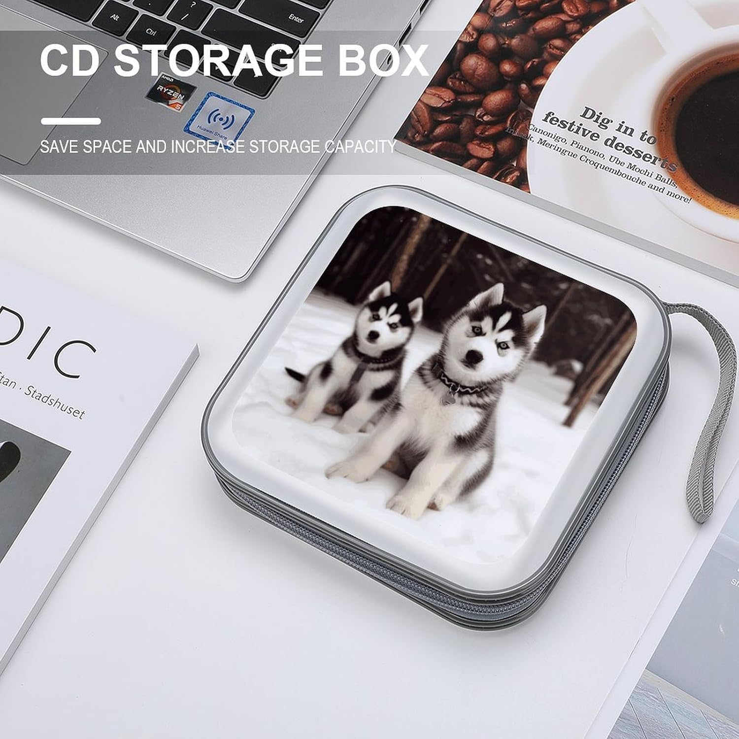 Adorable Huskies CD Case with Hand Strap Lightweight DVD Wallet Holder 40 Capacity CD/DVD Case Wallet Protective CD Wallet CD/DVD Portable Storage Binder for Car Home Office