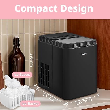 COMFEE' Countertop Ice Maker, 12 kg/24H, Self-Cleaning, RCI12BL1UK(E) | 8 Ice Bullets in 6-9 Min, 2 Bullet Ice Sizes, 1.3 L Water Tank, Includes Ice Scoop & Basket, for Home/Kitchen/Office/Party