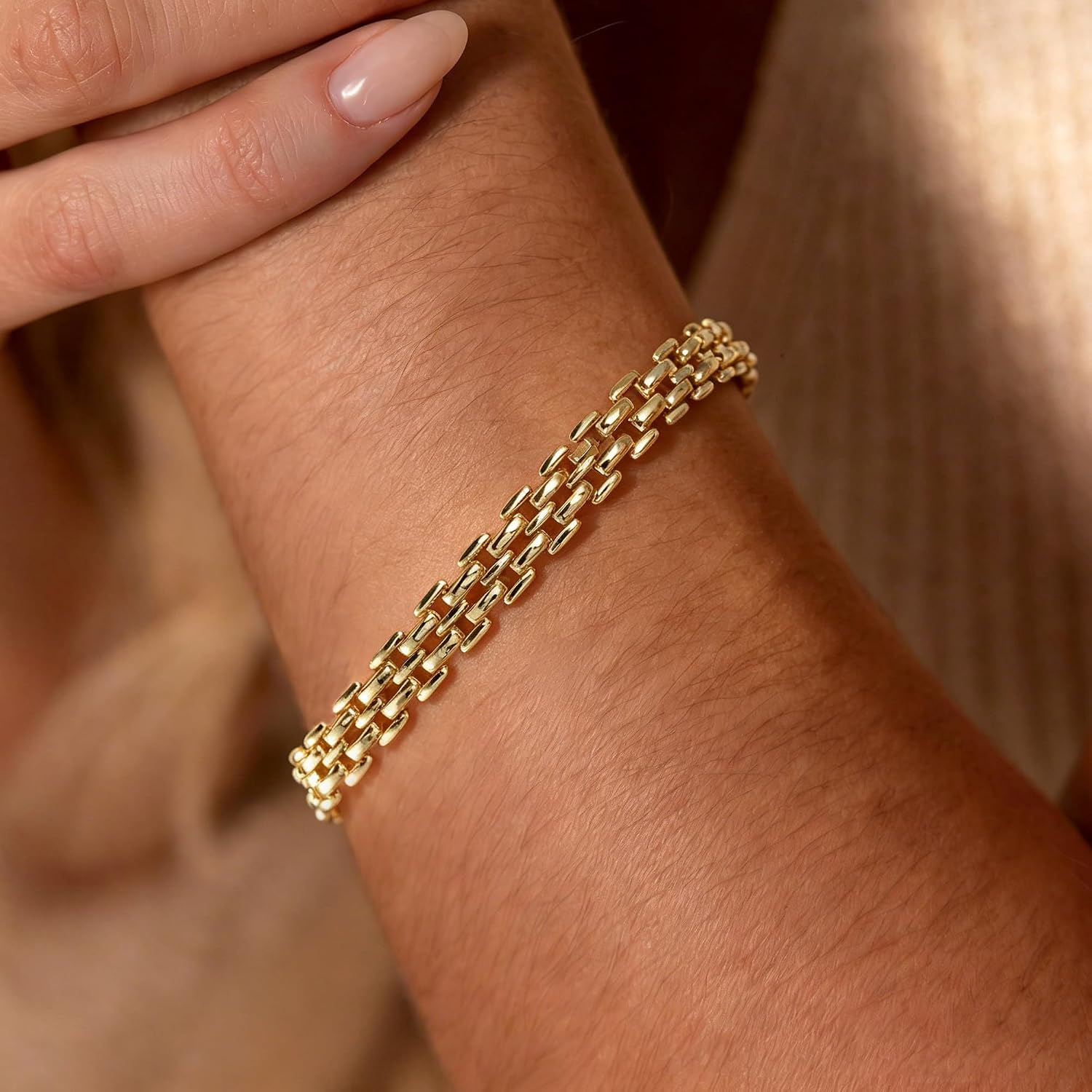 JINEAR Gold Bracelets for Women 1cm Width 14K Gold Plated Strap Bracelet Waterproof Non Tarnish Trendy Dainty Link Bracelets Fashion Accessories Gifts for Womens image 4
