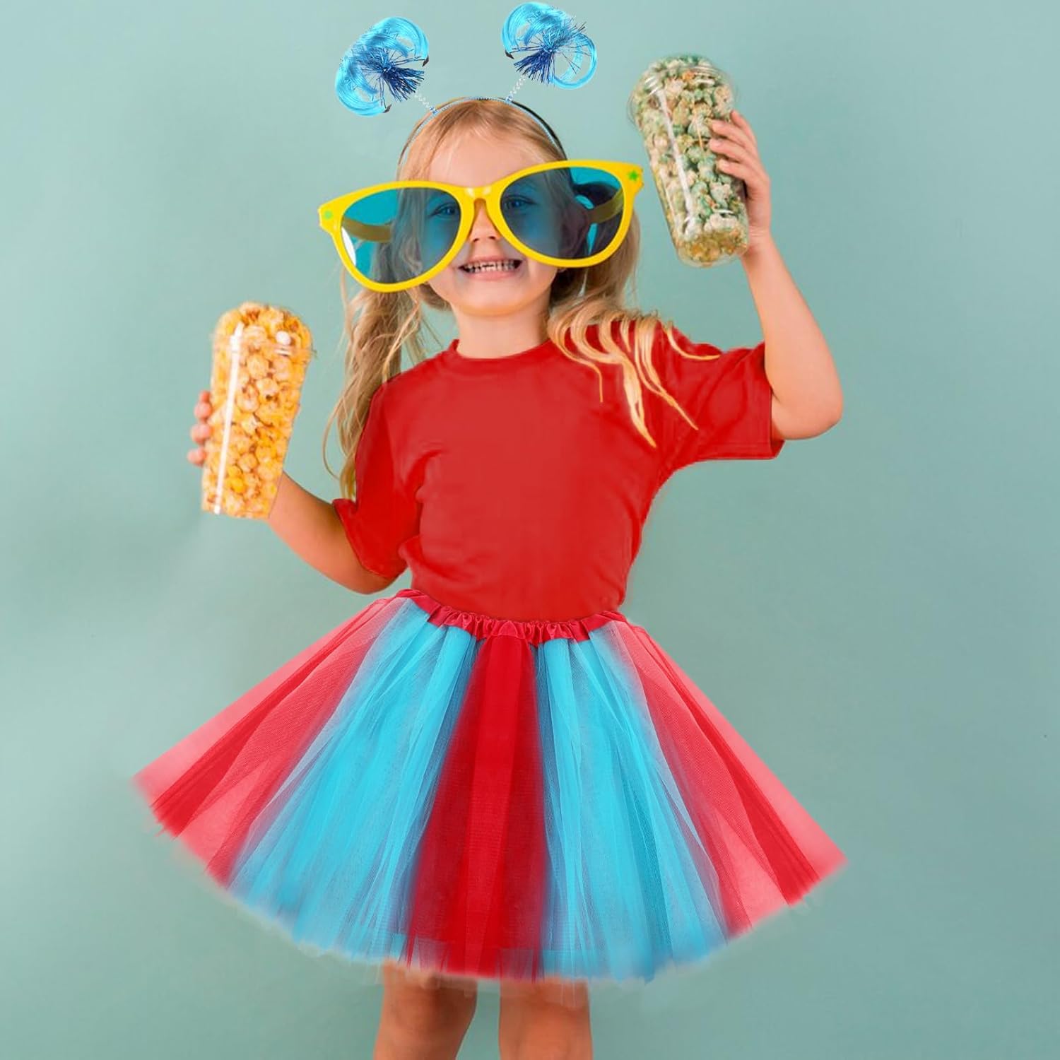 Girl's Tulle Tutu Accessories Set, Kids Red T Shirt Tutu Skirt Striped Thigh High Socks Blue Headband for Age 5-12 - Image 2