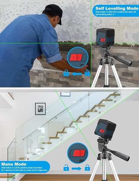 Laser Wasserwaage mit Stativ, RockSeed Kreuzlinienlaser mit Selbstnivellierung, Vertikale und Horizontale Linie, 360 Grad Drehbar, Tragetasche, Batterie Enthalten Grün GT - 2