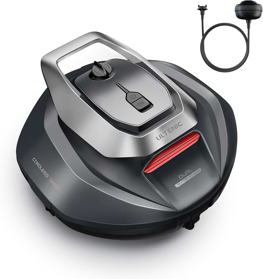 Ultenic Robot Limpiafondos Piscina, 90Min, 80m², Recogida sin Poste, Estacionamiento Automático, Aspirador Piscina Fondos sin Cable con 2 Motores, 5200mAh, para Piscina Elevada y Enterrada