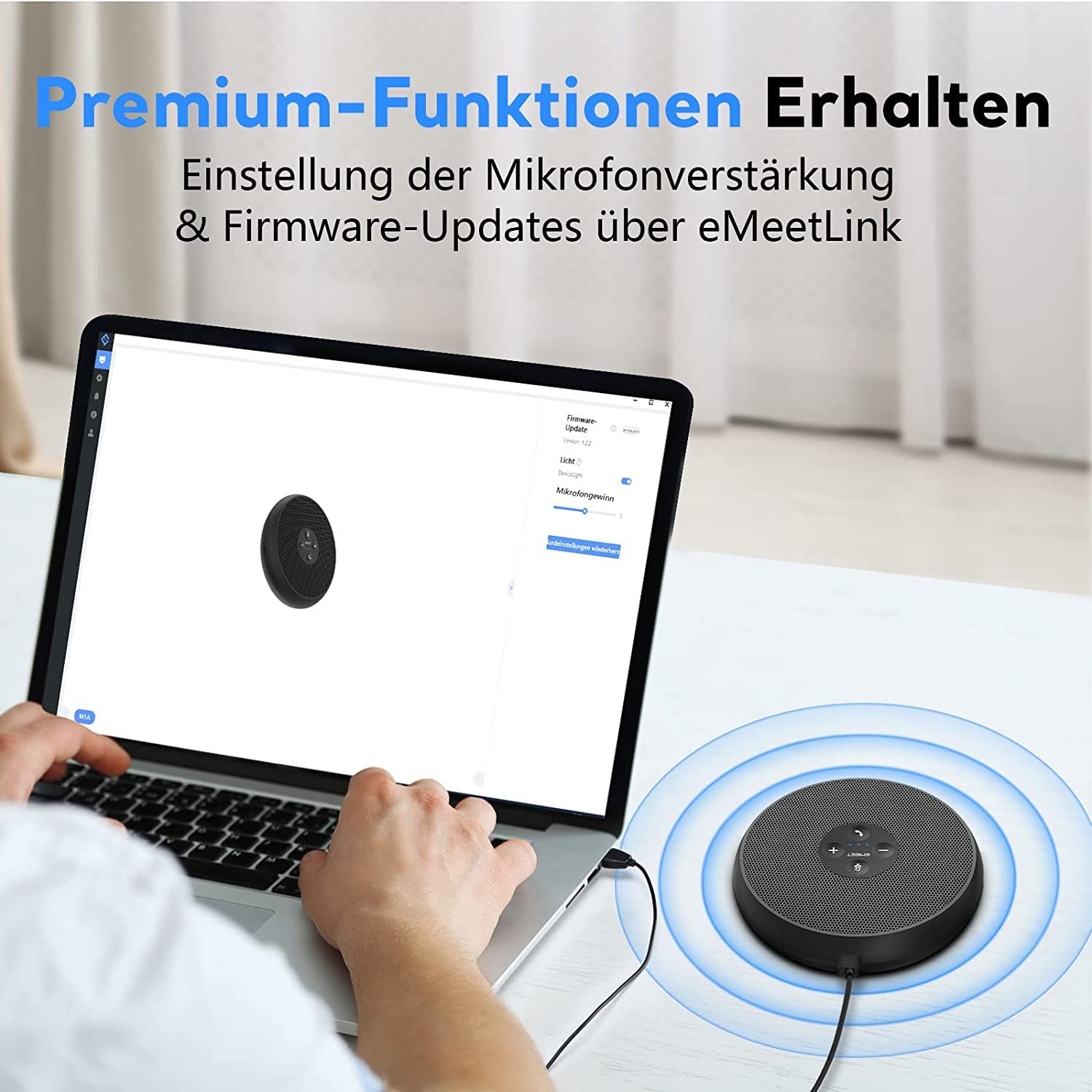 eMeet Haut-Parleur de conférence USB - M1A Haut-Parleur pour PC avec réduction du Bruit pour 1 à 4 Personnes, Einceinte avec 2 Microphone à 360°, Plug and Play pour Win/OS/Linux et Skype, Zoom, etc.