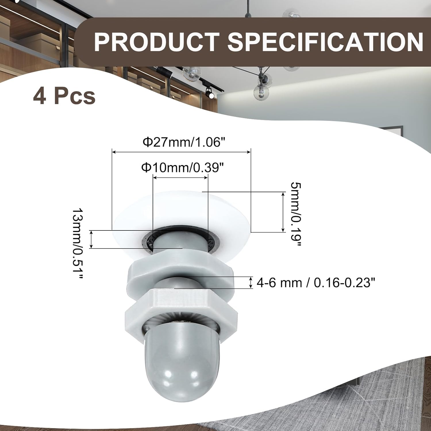 MECCANIXITY Shower Door Rollers Wheels, 27mm Diameter Bathroom Glass Shower Door Replacement Parts Runner Sliding Roller for Bathroom Glass Doors Kitchen, (Grey, Pack of 4)