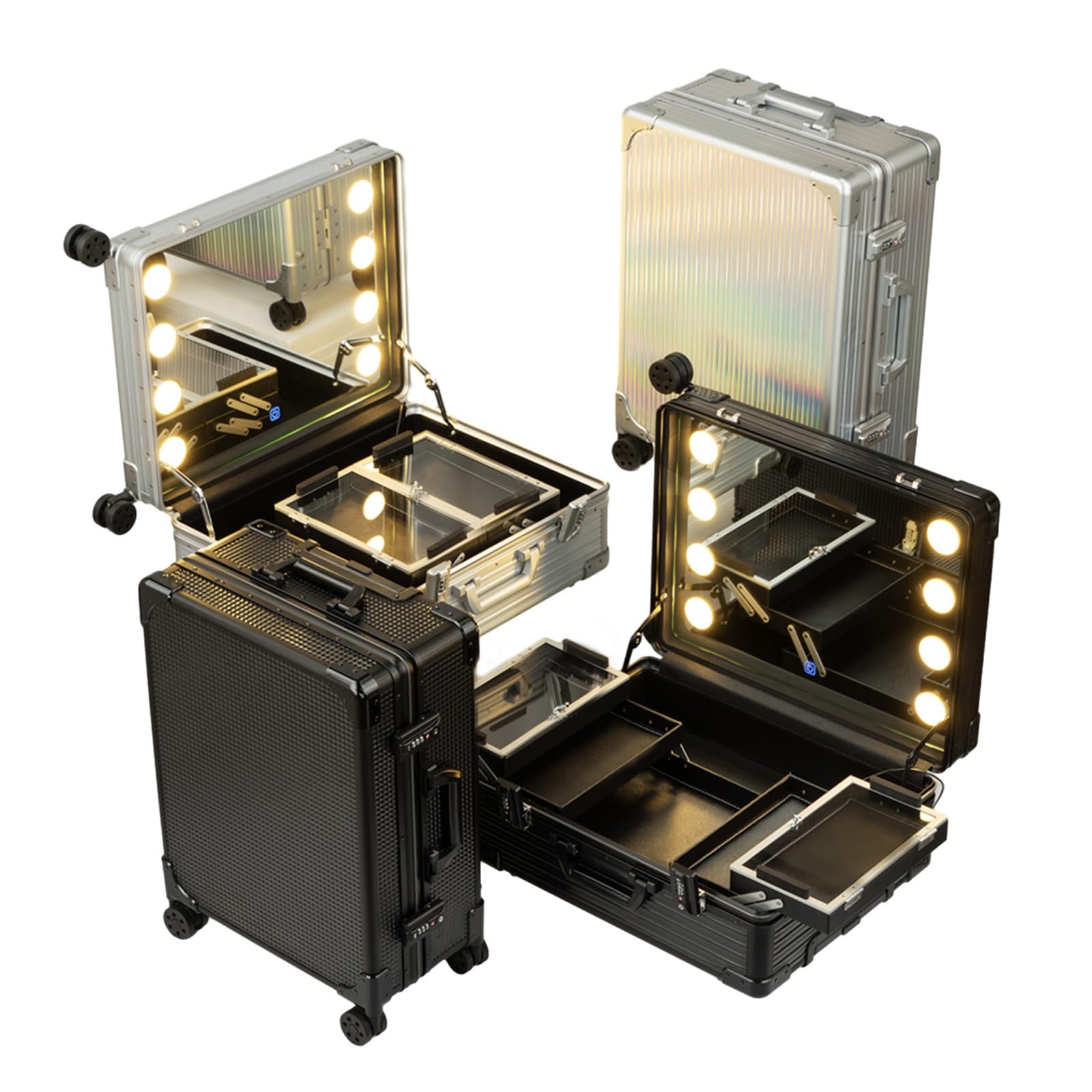 Walizka na kosmetyki, walizka na kółkach z lustrem i oświetleniem, skrzynka podróżna na kosmetyki, aluminiowa walizka na kosmetyki, walizka na kółkach, Black Plaid, 52x40x22.5cm