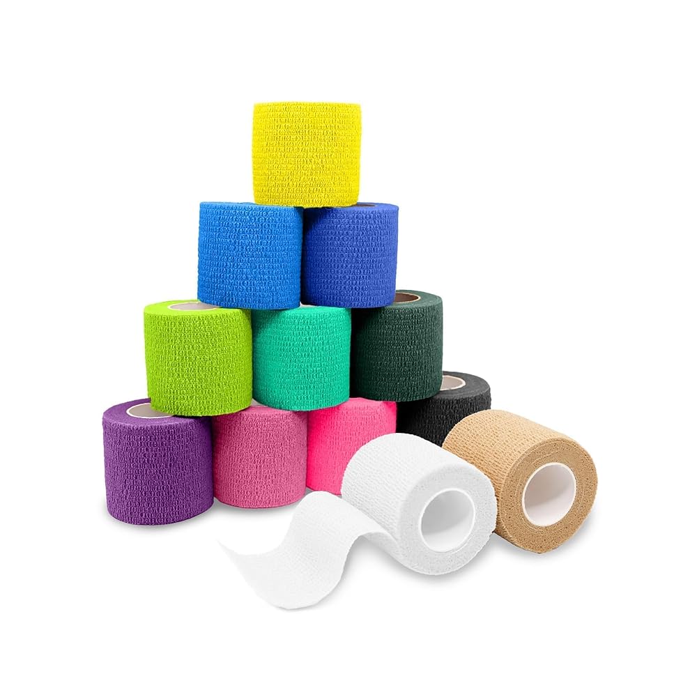 FriCARE Self Adhesive Bandage Wrap, Medical Tape in First Aid Kit, Cohesive Bandages for Wounds Sport Vet, 2 Inches X 5 Yards 12 Rolls, Energetic