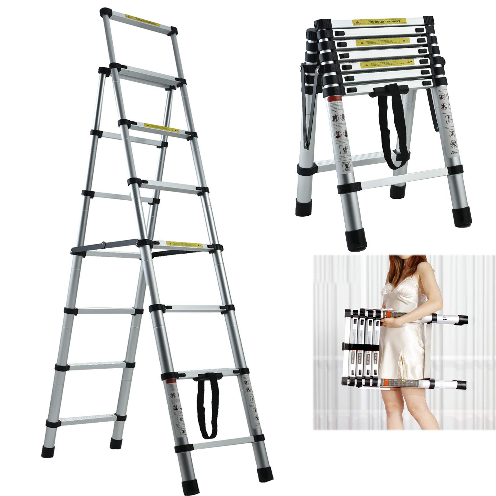Xinng Silver 6+7 Step Ladder Aluminium Lightweight Heavy Duty Tall Stepladder 150Kg/330Lbs Capacity Anti Slip Safety Ladder En131 Standard