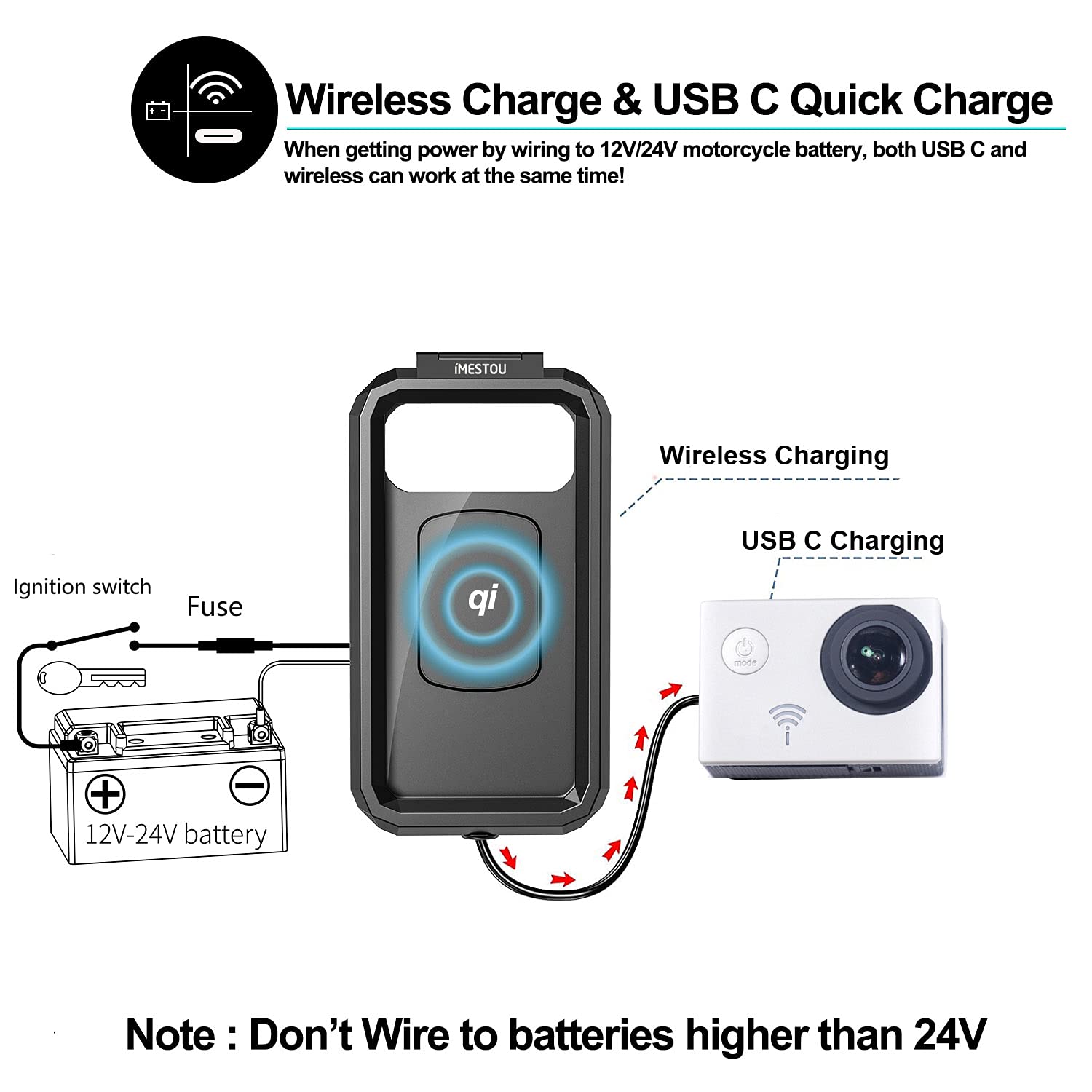 Supporto Telefono Moto IMESTOU IP67 – Ricarica Wireless 15W E USB-C, Manubrio Regolabile Per 5.5-6.8 Pollici
