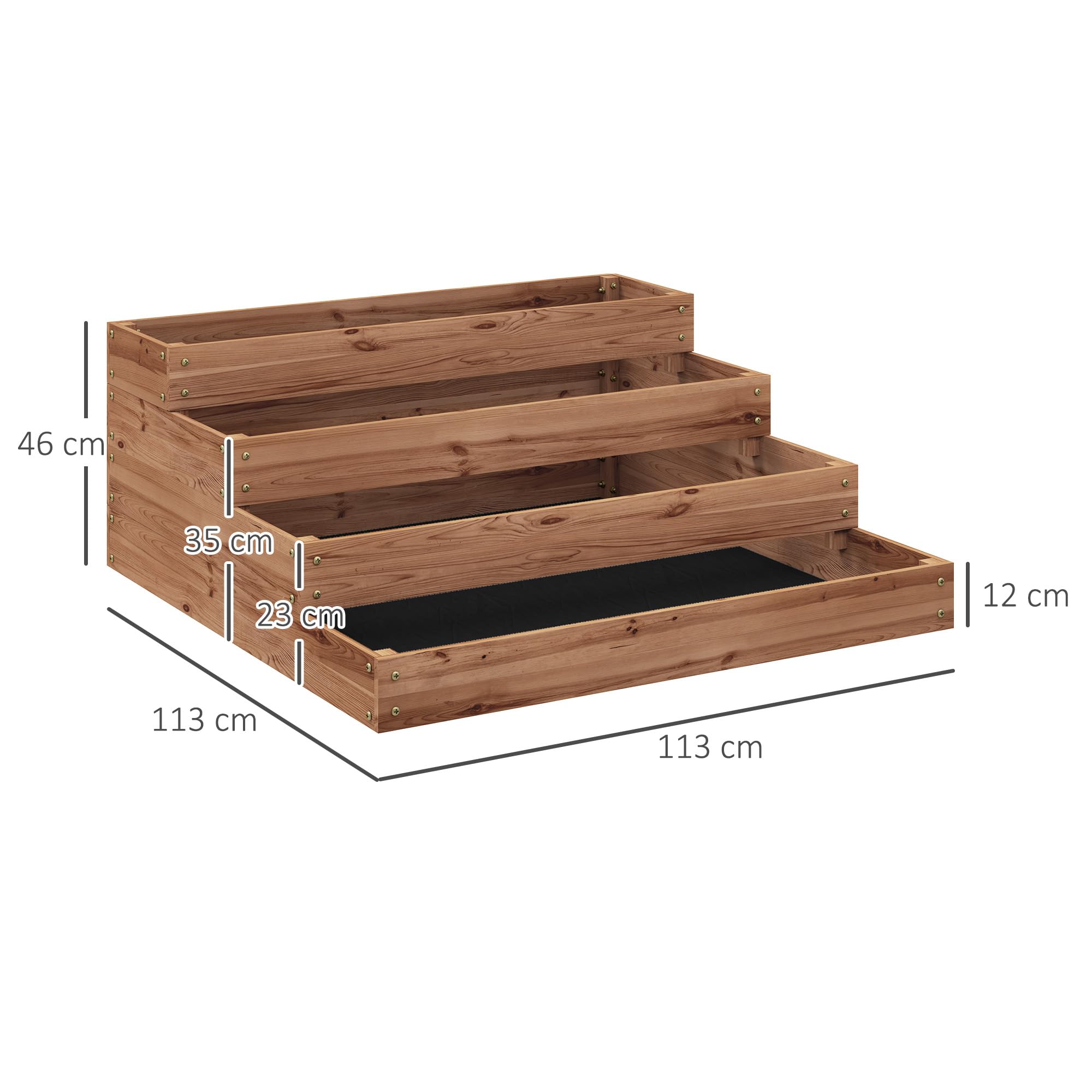 Outsunny Orto Rialzato da Esterno a 4 Livelli in Legno di Abete, Fioriera da Balcone con Fondo Aperto e Fodera in Tessuto, per Piante, Fiori e Verdure, per Giardino Balcone, 113x113x46 cm, Caffè Scuro