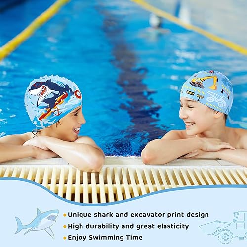 Miniatura 7 de Paquete de 2 gorros de natación impermeables de silicona para niños y niñas (3-8 años), diseño de sirena de unicornio, gorro de natación para niños