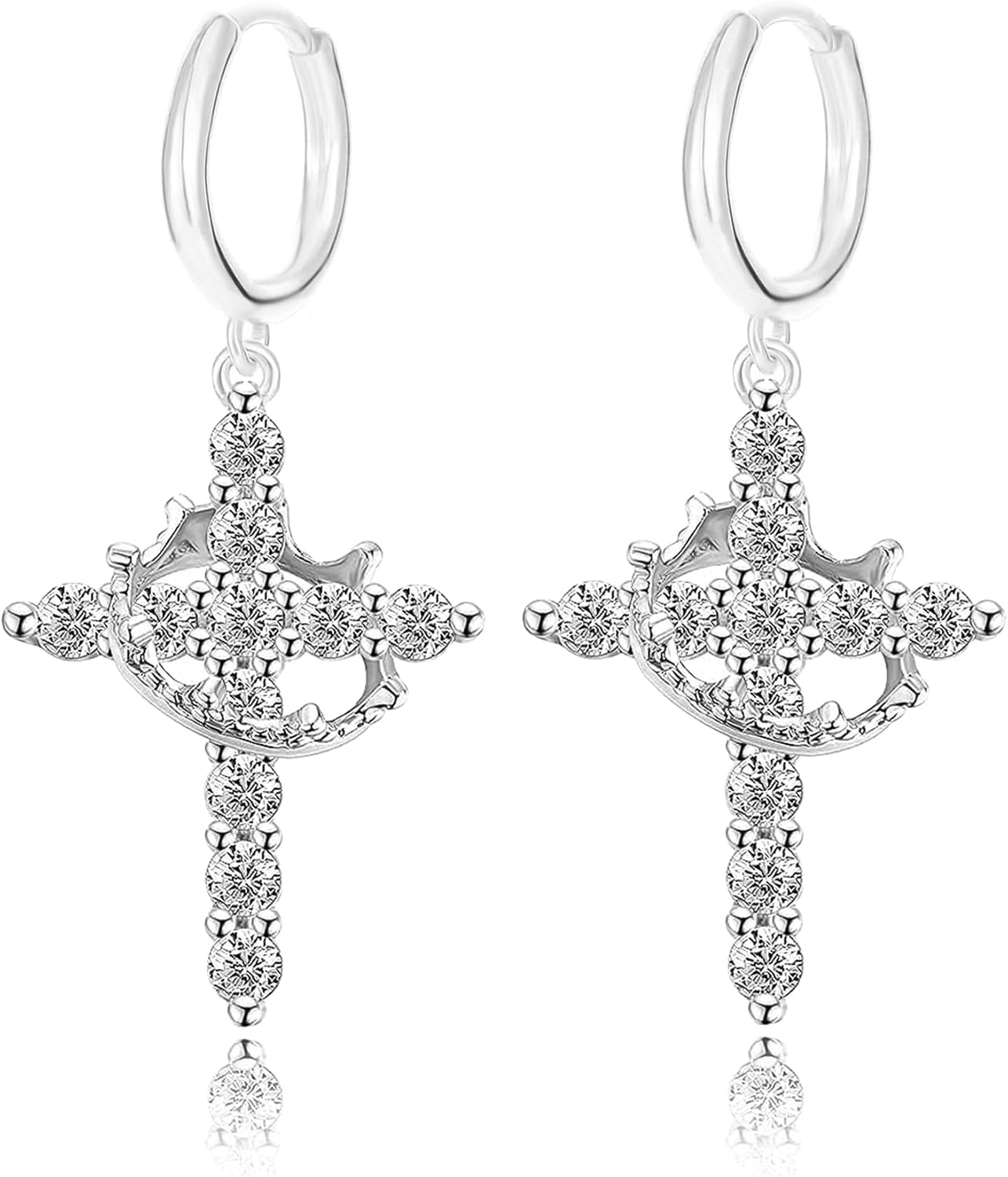 Cross Crown Earrings Crystal Cross Drop Hoop Earrings, White, Dangle Style, Religious Fashion Jewelry