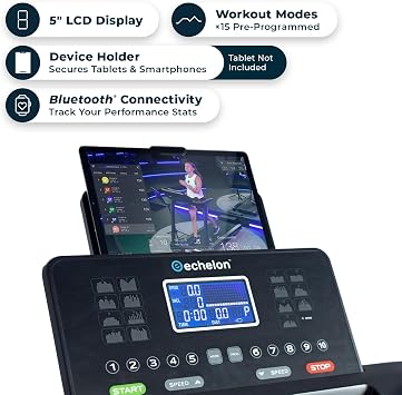 Echelon Stride 30 Sport Folding Treadmill for Smart Home Cardio Workout, Power Incline Running Machine w/Bluetooth, 2.0 HP, Tablet Holder, LCD Display, 16kph Top Speed, 19 Programmes & Pulse Sensors