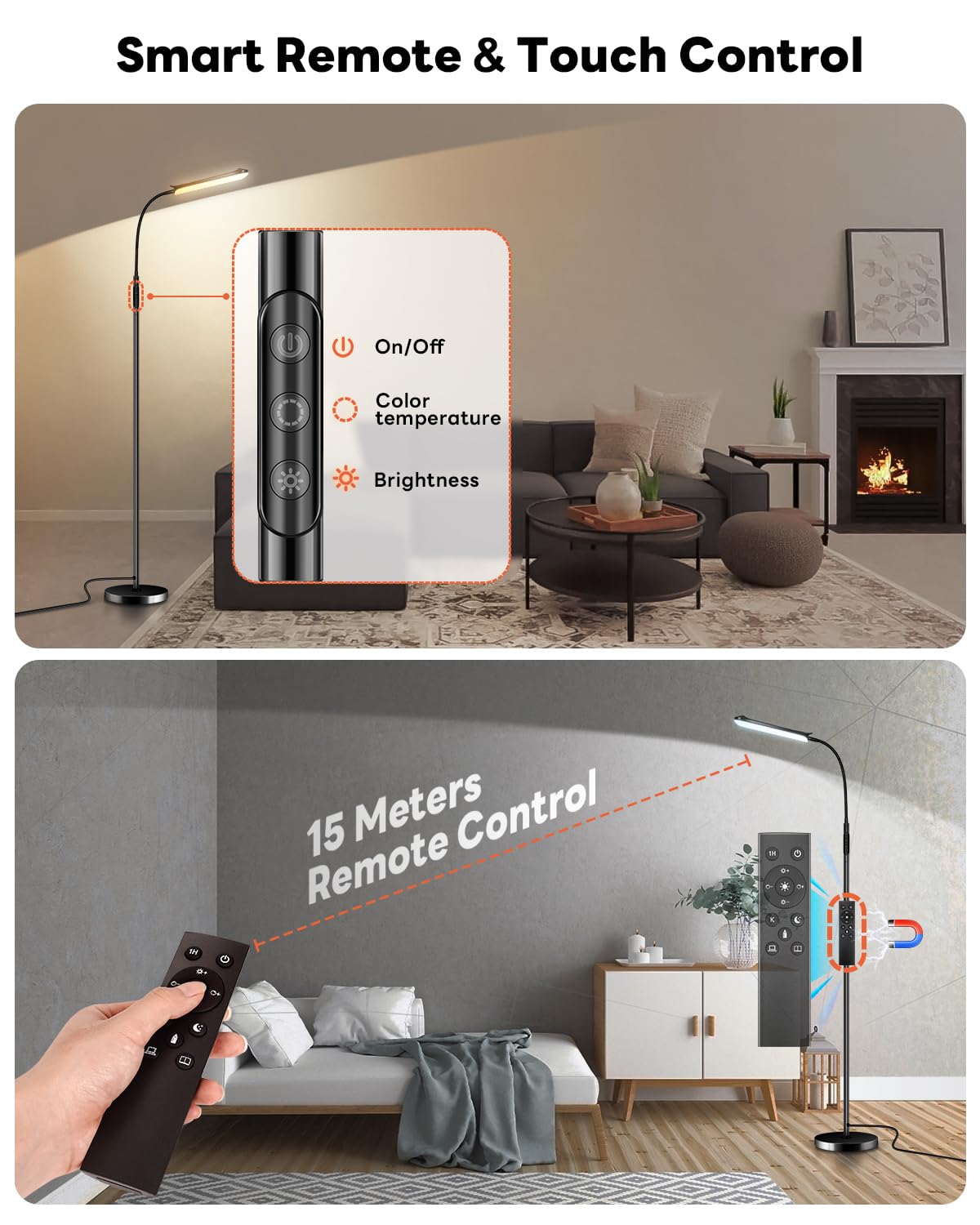 Lampa podłogowa LED 18 W, 1800LM ściemniana (2700K-6500K) Elastyczna łabędzia szyja, wysokość 175 cm, magnetyczne sterowanie i sterowanie dotykowe, lampa do czytania do salonu, czarna