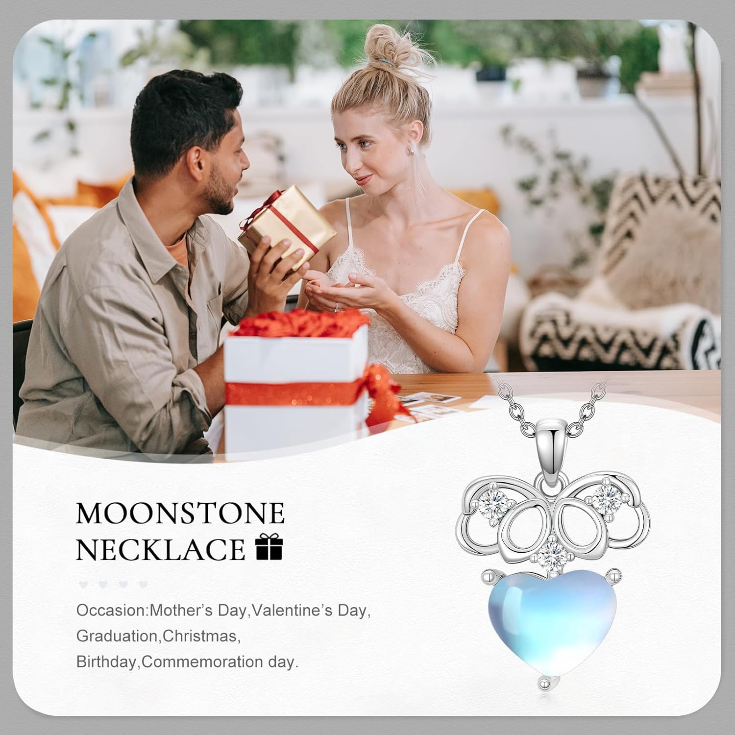 Heart Moonstone Necklace 925 Sterling Silver, Heart Necklace Pendant for Women, Dainty Jewelry Gift for Women Mom Wife, Valentine's Day, Birthday Anniversary Christmas, with 18+2inch Chain - Image 6