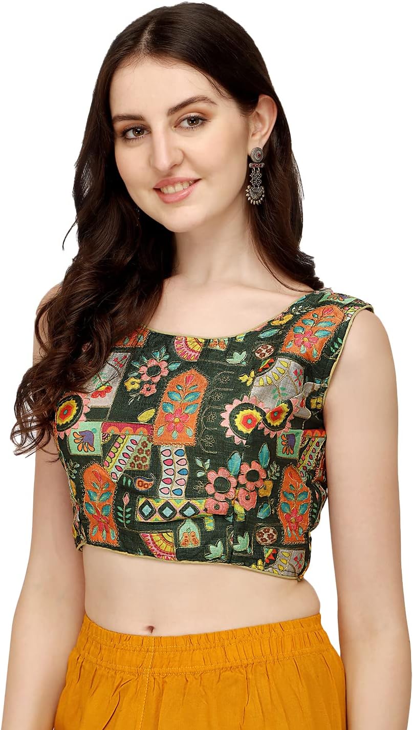 Pujia Mills Women's Phantom Silk Floral Sleeveless Saree Blouse