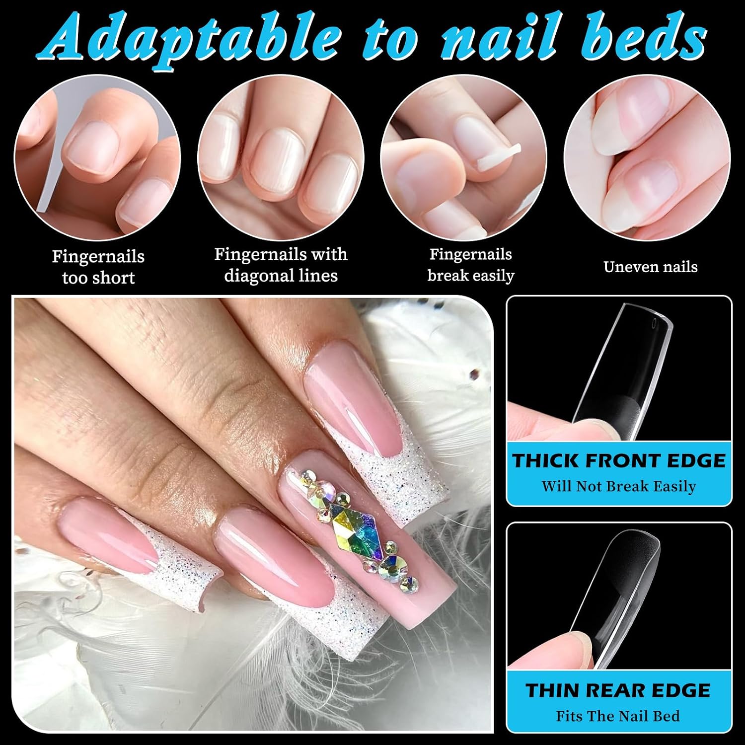 510pc Long Square Nail Tips, Soft Gel Nail Tip Square Long Fake Nails Artificial Fingernail, 15 Sizes Full Cover Clear Press on Nail Acrylic Nails Tips for Nail Extensions, Press on Nails Making